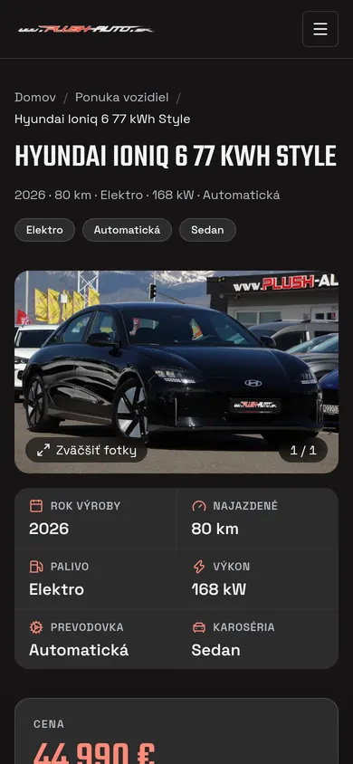 Stránka vozidla v mobile